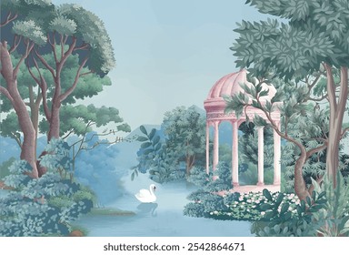 Mughal garden, dome illustration for wallpaper. Botanical tree landscape illustration and swan in a beautiful lake.