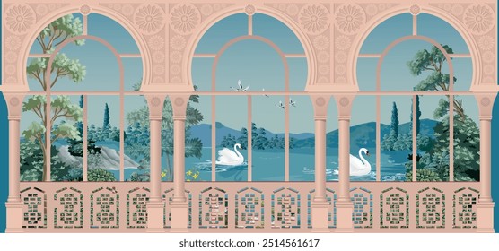 Mughal Garden Elegant Architectural Window view Swan-Filled Lake and Serene Swan Landscape

