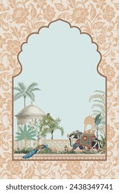 Mughal garden with elephant, peacock, palace, tree and bird illustration pattern for wedding invitation