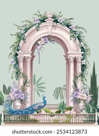 Mughal garden with flower arch, peacock, flower vase illustration for wallpaper