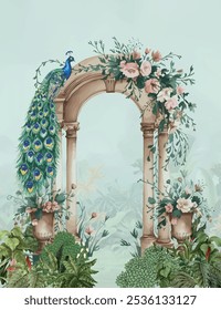 Jardín mogol con arco de flores, pavo real, ilustración de florero para el Fondo de pantalla