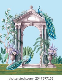 Jardim mogol com arco de flor, pavão, ilustração de vaso de flor para papel de parede