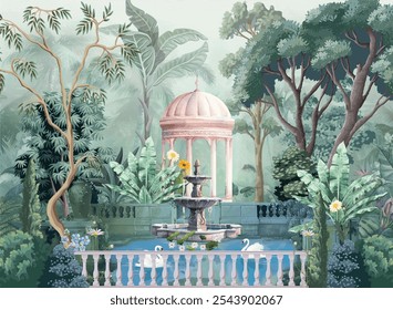 Mughal garden with fountain, pond illustration for wallpaper. Peacock, Botanical tree landscape illustration and swan in a beautiful lake.