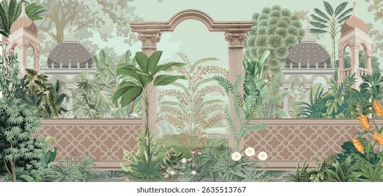 Mughal Garden Illustration, Mughal Arch, Dome, Peacock, Mughal Garden Wall Mural.