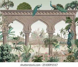 Mughal Garden Illustration with Mughal Arch, Peacock, Watercolor Background.