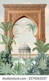 Mughal Garden Illustration, Mughal Arch, Mughal Wedding card, Dome, Mughal Wedding Wallpaper.