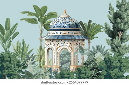 Mughal Garden Illustration, Mughal Dome, Mughal Wall Mural, Watercolor Background, Mughal Wall Painting.