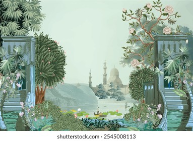 Ilustração do Jardim Mughal com Lago. Jardim Botânico e Vista do Lago com Arquitetura Histórica Mogol.