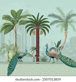 Mughal garden Illustration, Mughal Mural design, Peacock, Tropical plant, Watercolor Background.