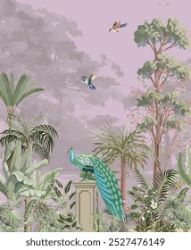Mughal Garden Illustration, Mughal Mural for Wedding, Peacock, Watercolor Background.