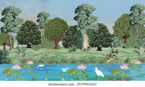 Mughal garden Illustration, Mughal Tree, Tropical wall Mural. Bird, Lutas Flower