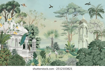 Mughal Garden Illustration For Wall Mural, Tropical Plant, Birds, Watercolor Background.