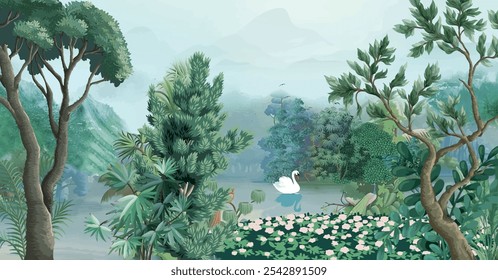 
Mughal garden, illustration for wallpaper. Botanical tree landscape illustration and swan in a beautiful lake.