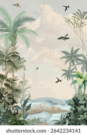 Mughal Garden Illustration, Wallpaper wall Mural, Birds, Watercolor Background, Sky view, Tropical Garden Illustration.