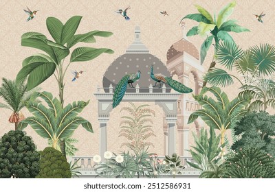 Mughal Garden Illustration, Watercolor Background, Birds, Traditional Mughal Mural Background.