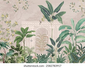 Mughal Garden Illustration, Mughal Wedding Mural, Mughal Arch, Watercolor Background.