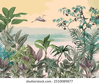 Ilustración del jardín de Mughal, bosque tropical, pájaro y cielo, planta tropical.