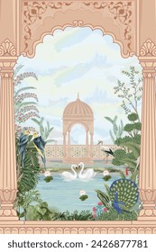 Mughal garden with lake, arch, peacock, swan, parrot, palace and temple landscape illustration