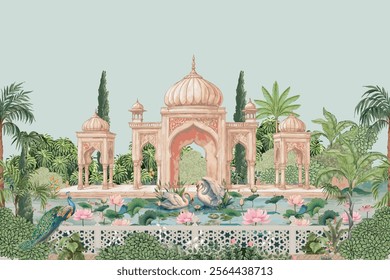 Mughal garden lake with swan, lotus flower, peacock, palace, tree illustration for wedding invitation seamless pattern