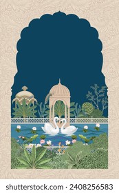 Mughal Garden, lake, swan, peacock, lotus, water lily vector pattern illustration