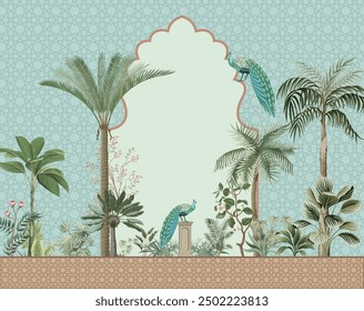 Mughal Garden, Mughal Mural design, Peacock, Arch, Seamless background.