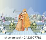 Mughal garden palace, arch, peacock, swans on the lake vector illustration. Mughal wedding outdoor background design.