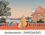 Mughal garden palace, arch, peacock, swans on the lake vector illustration. Mughal wedding outdoor background design. Mughal miniature wallpaper.