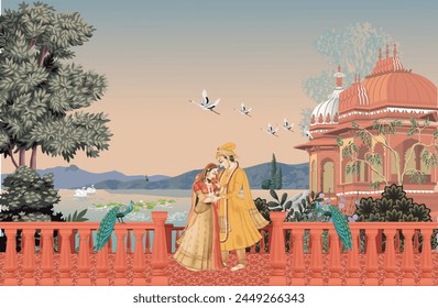 Mughal garden palace, arch, peacock, swans on the lake vector illustration. Mughal wedding outdoor background design. Mughal miniature wallpaper.