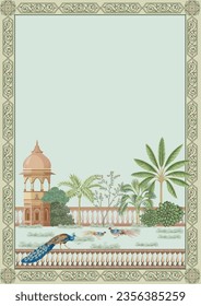 Mughal garden, pattern with peacock frame for wedding invitation vector