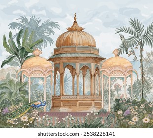 Mughal garden pavilion, temple, peacock, parrot, flower, tree illustration for wallpaper