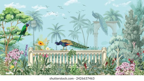 Mughal garden, peacock, arch, bird illustration for wallpaper. Jungle Mural vector wallpaper.