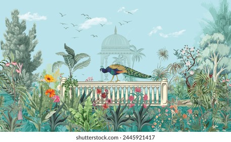 Mughal garden, peacock, arch, bird illustration for wallpaper. Jungle Mural vector wallpaper.