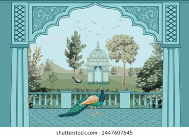 Mughal garden, peacock, arch, bird illustration for wallpaper. Botanical tree landscape illustration.