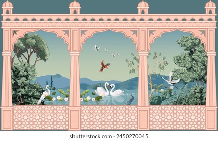 Mughal garden, peacock, arch, bird illustration for wallpaper. Tropical jungle vector wallpaper.