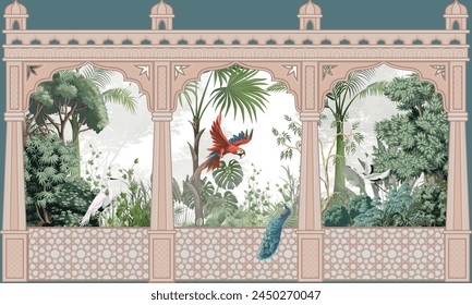 Mughal garden, peacock, arch, bird illustration for wallpaper. Tropical jungle vector wallpaper.