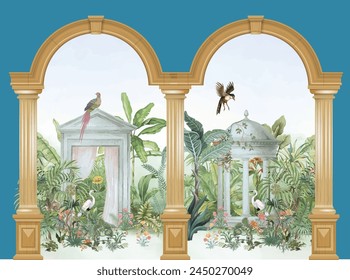 Mughal garden, peacock, arch, bird illustration for wallpaper. Tropical jungle vector wallpaper.