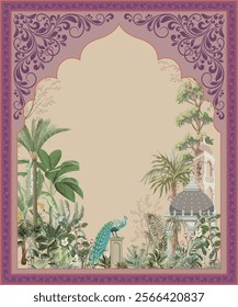 Mughal garden, peacock, arch, bird illustration for wallpaper. Botanical tree landscape illustration. Mughal Wall Mural. Mughal Dome