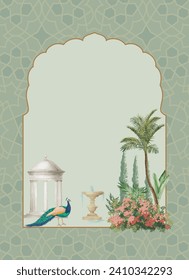 Mughal garden with peacock, arch, dome illustration for invitation