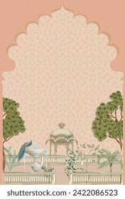 Mughal garden with peacock, arch and palace pattern illustration for wallpaper