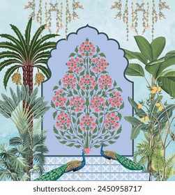 Mughal garden, peacock , Mughal arch with watercolor tree.