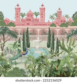 Mughal garden with peacock, plants, tree, palace illustration pattern