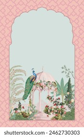 Mughal garden with peacock, rose, flower, palace, dome, arch, tree illustration for wedding invitation