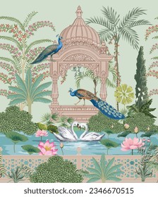 Mughal garden, peacock, swan, arch, temple, bird and lake with lotus vector illustration for wallpaper