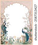Mughal garden peacock tree and arch frame illustration for print, Indian Wedding Card, Mughal Frame, Mughal Arch.