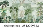 Mughal garden with plants tree palace illustration pattern for wallpaper, Mughal Mural background Design, Watercolor, Tropical Plant.