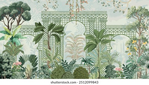 Jardim mogol com plantas árvore palácio padrão de ilustração para papel de parede, Mughal Mural fundo Design, Aquarela, Planta tropical.