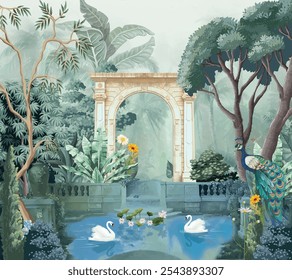 Mughal garden with pond, arch illustration for wallpaper.Peacock, Botanical tree landscape illustration and swan in a beautiful lake.