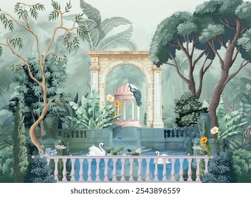 Mughal garden with pond, arch illustration for wallpaper. Dome Peacock, Botanical tree landscape illustration and swan in a beautiful lake.