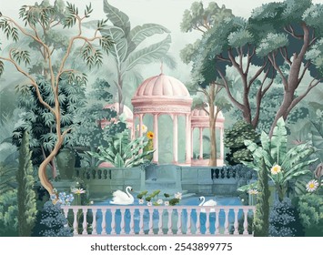 Mughal garden with pond, Dome illustration for wallpaper. Peacock, Botanical tree landscape illustration and swan in a beautiful lake.