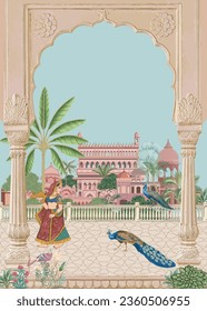 Mughal garden with queen, arch, peacock, bird and plant illustration for wallpaper